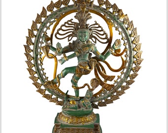 May include: A green and gold metal statue of the Hindu deity Shiva in the Nataraja pose, dancing on a demon. The statue is surrounded by a circular halo with intricate details.