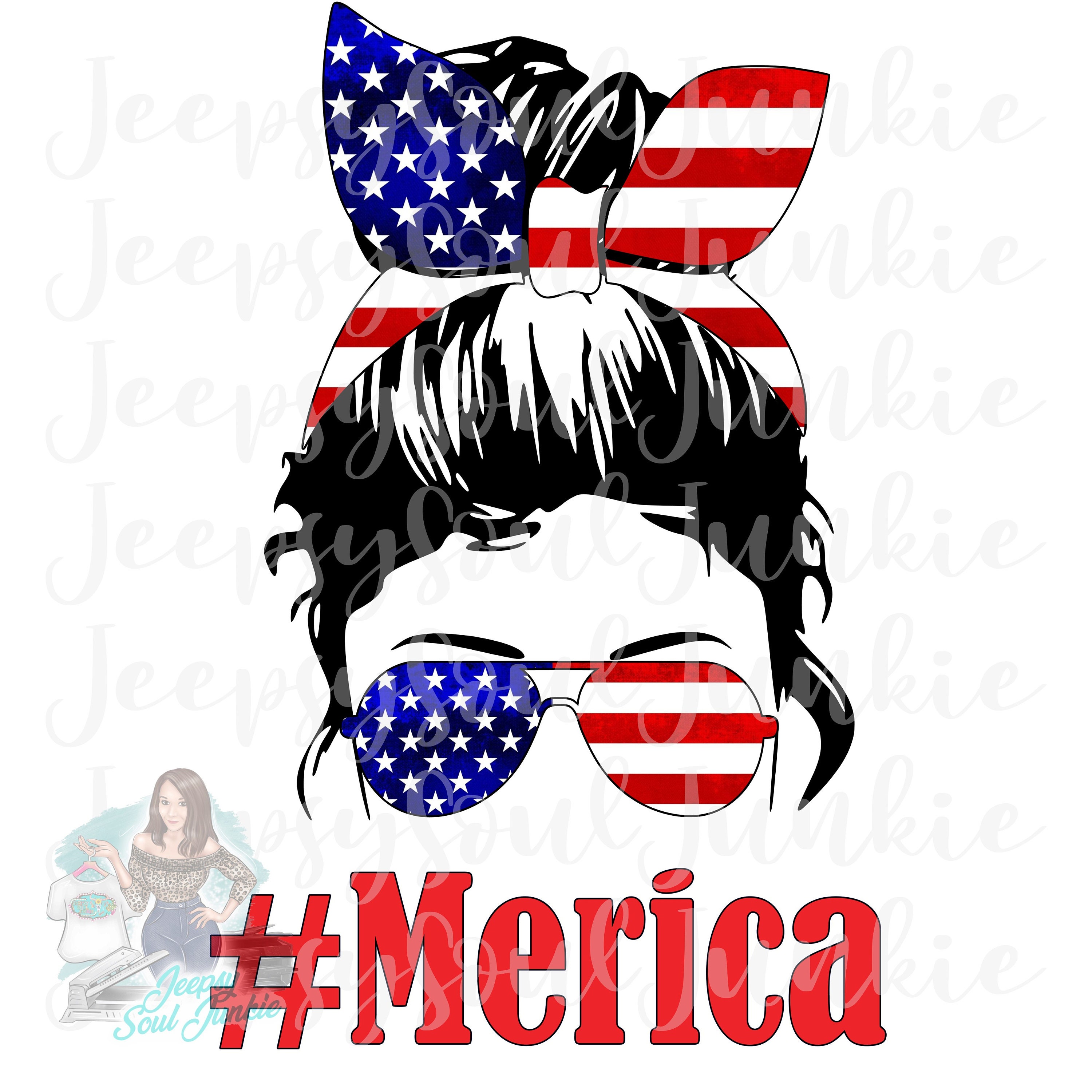 July 4th-America-Messy Bun-Aviator Sunglasses-USA Flag-PNG ...