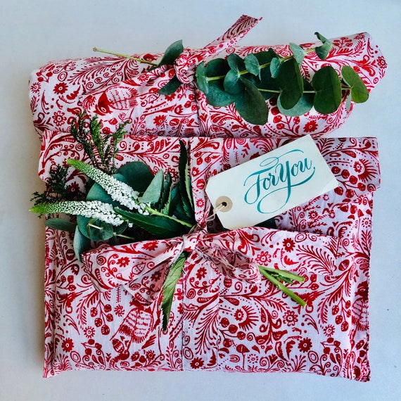Fabric Gift Wrap - Red and White/Blue and White Bird Design