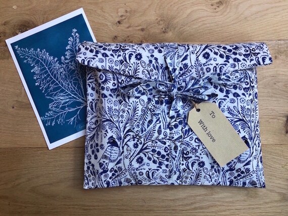 Fabric Gift Bag - Reusable, long life, Bird Design - blue and white/red and white