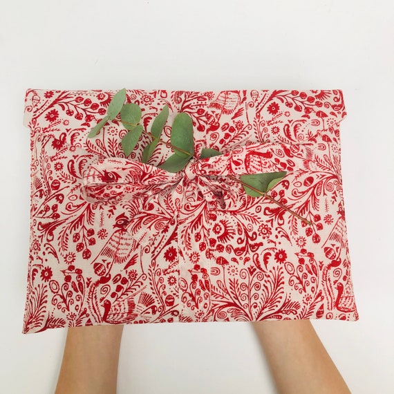 Fabric Gift Wrap Reusable- Red and White/Blue and White Bird Design