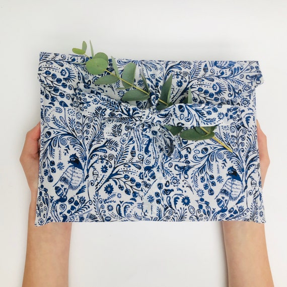 Fabric Gift Bag - Reusable, long life, Bird Design - blue and white/red and white