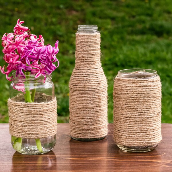 Upcycled Jute Wrapped Jars | Repurposed Decor | Hand Wrapped Glass Jar | Farm House Style | Rustic Vases