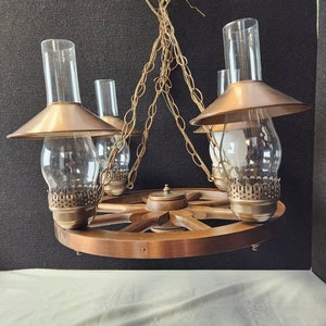 Wagon wheel copper rustic 4 globe chandelier mid century lighting