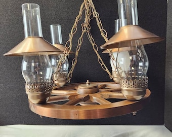 Wagon wheel copper rustic 4 globe chandelier mid century lighting