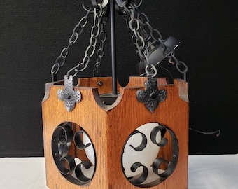 Vintage hand forged iron and wood lantern ceiling pendant with glass globe