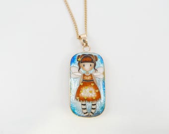 Geëmailleerde engelenketting cloisonné, 14K roségouden hanger
