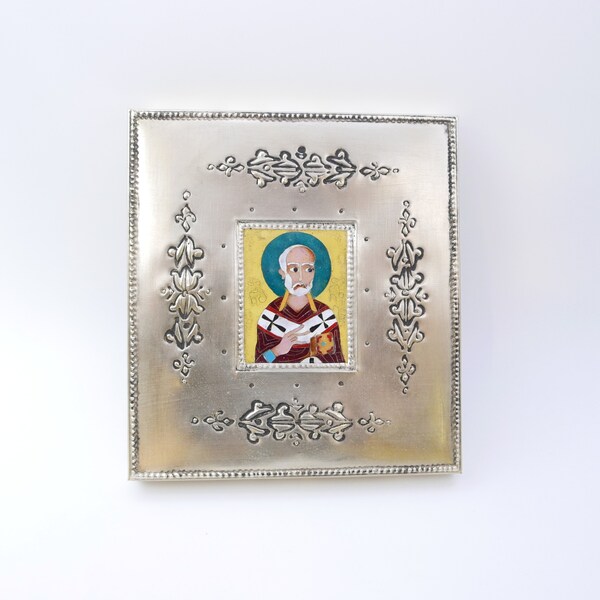 Orthodox icon. Icon of St. Nicholas.  St. Nicholas  the Wonderworker orthodox icon. Cloisonné enamel icon. Georgian icon.  Religious gift