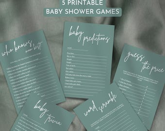 Könnte beinhalten: Fünf druckbare Babyparty-Spiele mit grünem Hintergrund. Die Spiele sind: Wer kennt Mama am besten, Baby-Vorhersagen, Schätze den Preis, Baby-Quiz und Wort-Scramble.