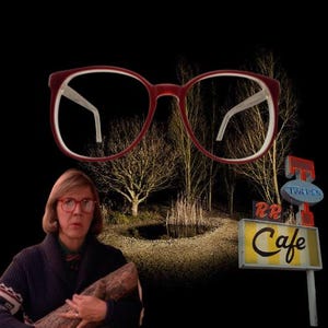 May include: A woman wearing red-framed glasses and a dark sweater, holding a log. Above her, a pair of similar glasses floats. In the background, a sign for "RR Cafe" and a dark forest scene.