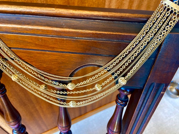 Vintage Multi Strand Brass Chain and Bead Bib Nec… - image 9