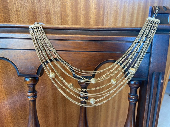 Vintage Multi Strand Brass Chain and Bead Bib Nec… - image 3
