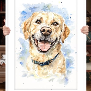 May include: Watercolor painting of a golden retriever dog with a blue collar. The dog is smiling with its tongue out and has a blue and white watercolor background.