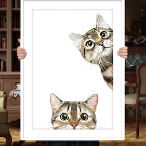 May include: Two tabby cats peek out from behind a white frame. The cat on the top is looking to the right, while the cat on the bottom is looking directly at the viewer.