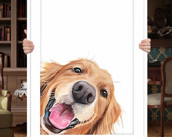 Custom pet art, peek a boo pet portrait,  golden retriever pet portrait, fancy pet portrait, pet portrait painting, personalized pet