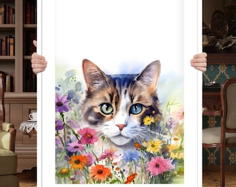 Personalisiertes Katzen Portrait: Handgemaltes Blumenbild