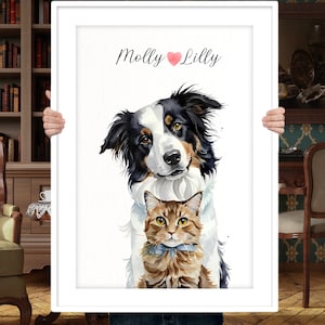Dog and Cat Portrait, Watercolor Pet Painting, Dog portrait custom, Pet memorial, Watercolor Cat
