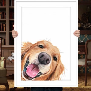 Custom pet art, peek a boo pet portrait,  golden retriever pet portrait, fancy pet portrait, pet portrait painting, personalized pet