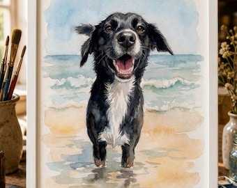 May include: A framed watercolor painting featuring a black and white dog with a happy expression standing in shallow ocean water on a sandy beach. The dog has floppy ears, a white chest, and is positioned against a backdrop of blue sky and waves.