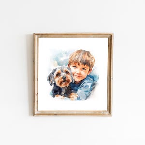 Puede incluir: Pintura acuarela de un ni&ntilde;o y su perro. El ni&ntilde;o lleva una camisa azul y tiene el pelo casta&ntilde;o. El perro es un peque&ntilde;o terrier marr&oacute;n y negro. La pintura est&aacute; sobre un fondo azul claro.