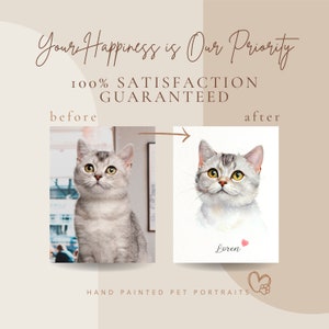 May include: Before and after image of a cat portrait. The before image shows a photo of a grey tabby cat. The after image shows a watercolour painting of the same cat with the name "Loren" written below. The text "Your Happiness is Our Priority 100% SATISFACTION GUARANTEED" is at the top of the image. The text "HAND PAINTED PET PORTRAITS" is at the bottom of the image.