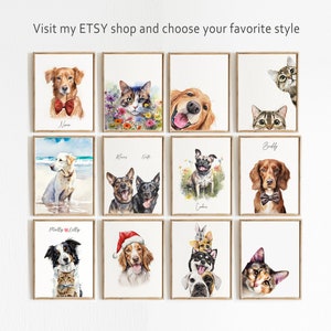 Puede incluir: Un collage de 10 pinturas de acuarela de mascotas, incluyendo perros y gatos. Cada pintura est&aacute; enmarcada en un marco de madera claro y presenta un fondo blanco. Las pinturas est&aacute;n dispuestas en una cuadr&iacute;cula de 3 filas y 4 columnas. Los nombres de las mascotas est&aacute;n escritos debajo de cada pintura.