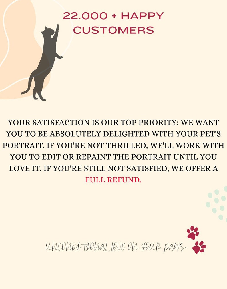 Puede incluir: Un gato negro con las patas levantadas en el aire, de pie sobre un fondo abstracto rosa y blanco. El texto "22.000+ HAPPY CUSTOMERS" est&aacute; en la parte superior de la imagen. El texto "YOUR SATISFACTION IS OUR TOP PRIORITY: WE WANT YOU TO BE ABSOLUTELY DELIGHTED WITH YOUR PET'S PORTRAIT. IF YOU'RE NOT THRILLED, WE'LL WORK WITH YOU TO EDIT OR REPAINT THE PORTRAIT UNTIL YOU LOVE IT. IF YOU'RE STILL NOT SATISFIED, WE OFFER A FULL REFUND." est&aacute; en el medio de la imagen. El texto "unconditional LOVE ON FOUR paws" est&aacute; en la parte inferior de la imagen.