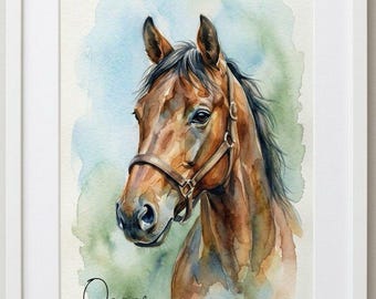 カスタム水彩画馬の肖像画：オリジナルの手描きペット記念碑 - Etsy 日本