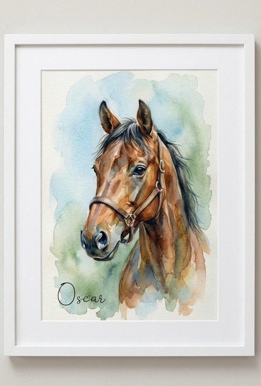 カスタム水彩画馬の肖像画：オリジナルの手描きペット記念碑 - Etsy 日本