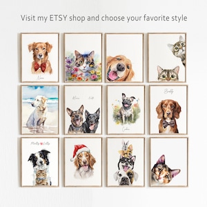 May include: A collage of 10 watercolour paintings of pets, including dogs and cats. Each painting is framed in a light wood frame and features a white background. The paintings are arranged in a grid of 3 rows and 4 columns. The names of the pets are written below each painting.