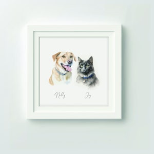 May include: A watercolour painting of a dog and a cat. The dog is a light brown Labrador Retriever with a blue collar and the cat is a grey tabby with a blue collar. The dog's name is "Milly" and the cat's name is "Jay".