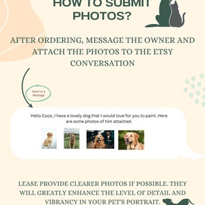 Puede incluir: Un gr&aacute;fico con instrucciones sobre c&oacute;mo enviar fotos a un propietario de tienda Etsy despu&eacute;s de pedir un retrato personalizado de mascota. El gr&aacute;fico incluye un globo de di&aacute;logo con el texto "Env&iacute;anos un mensaje" y un ejemplo de mensaje: "Hola Coco, tengo un perro encantador que me encantar&iacute;a que pintaras. Aqu&iacute; hay algunas fotos de &eacute;l adjuntas." El gr&aacute;fico tambi&eacute;n incluye cuatro fotos de un perro, y el texto "POR FAVOR, PROPORCIONE FOTOS M&Aacute;S CLARAS SI ES POSIBLE. MEJORAR&Aacute;N EN GRAN MEDIDA EL NIVEL DE DETALLE Y LA VIBRANCIA DEL RETRATO DE SU MASCOTA."