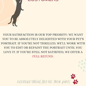May include: A black cat with its paws raised in the air, standing on a pink and white abstract background. The text "22,000+ HAPPY CUSTOMERS" is at the top of the image. The text "YOUR SATISFACTION IS OUR TOP PRIORITY: WE WANT YOU TO BE ABSOLUTELY DELIGHTED WITH YOUR PET'S PORTRAIT. IF YOU'RE NOT THRILLED, WE'LL WORK WITH YOU TO EDIT OR REPAINT THE PORTRAIT UNTIL YOU LOVE IT. IF YOU'RE STILL NOT SATISFIED, WE OFFER A FULL REFUND." is in the middle of the image. The text "unconditional LOVE ON FOUR paws" is at the bottom of the image.