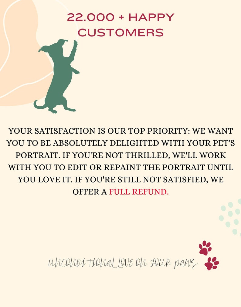 May include: A green silhouette of a dog standing on its hind legs with its front paws raised. The text "22,000+ HAPPY CUSTOMERS" is above the dog. The text "YOUR SATISFACTION IS OUR TOP PRIORITY: WE WANT YOU TO BE ABSOLUTELY DELIGHTED WITH YOUR PET'S PORTRAIT. IF YOU'RE NOT THRILLED, WE'LL WORK WITH YOU TO EDIT OR REPAINT THE PORTRAIT UNTIL YOU LOVE IT. IF YOU'RE STILL NOT SATISFIED, WE OFFER A FULL REFUND." is below the dog. The text "unconditional LOVE on four paws" is at the bottom of the image.