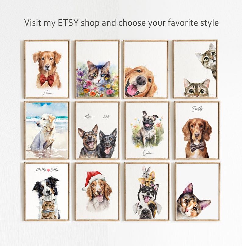 Puede incluir: Un collage de 10 pinturas de acuarela de mascotas, incluyendo perros y gatos. Cada pintura est&aacute; enmarcada en un marco de madera claro y presenta un fondo blanco. Las pinturas est&aacute;n dispuestas en una cuadr&iacute;cula de 3 filas y 4 columnas. Los nombres de las mascotas est&aacute;n escritos debajo de cada pintura.