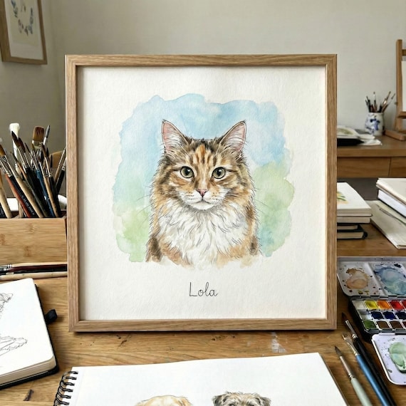 Personalized Pet Portrait: Hand-Painted Watercolor Cat Memorial Gift