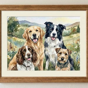 May include: Watercolour painting of four dogs: a golden retriever, a border collie, a springer spaniel, and a terrier. The dogs are in a field with mountains in the background. The artwork is framed in a wooden frame.