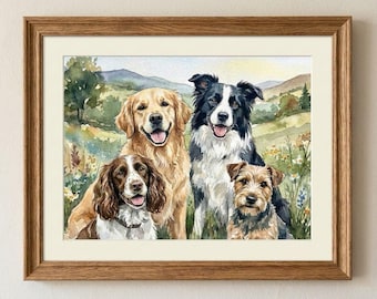 Custom Watercolor Pet Portrait: Multiple Pets Painting