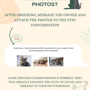May include: A graphic with instructions on how to submit photos to an Etsy shop owner after ordering a custom pet portrait. The graphic includes a speech bubble with text that says "Send us a message". The graphic also includes three photos of a cat, and a line drawing of a cat. The text in the graphic says "How to submit photos? After ordering, message the owner and attach the photos to the Etsy conversation. Please provide clearer photos if possible. They will greatly enhance the level of detail and vibrancy in your pet's portrait."