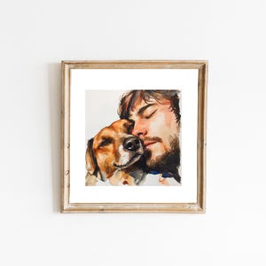 Puede incluir: Una pintura de acuarela de un hombre y un perro. El hombre tiene los ojos cerrados y est&aacute; descansando su cabeza sobre la cabeza del perro. El perro est&aacute; mirando al hombre. La pintura est&aacute; hecha en tonos de marr&oacute;n, blanco y negro.