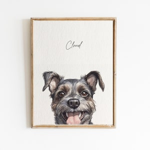 May include: A watercolor painting of a black and brown dog with the name "Cloud" written above it.