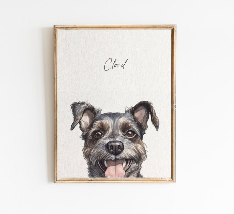 May include: A watercolor painting of a black and brown dog with the name "Cloud" written above it.