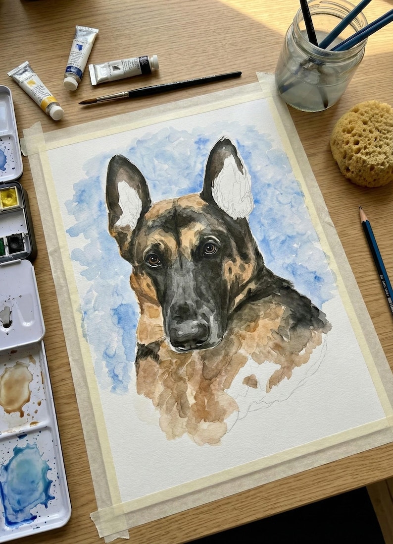 Retrato personalizado de mascota y dueño en acuarela: Arte pintado a mano por encargo imagen 9