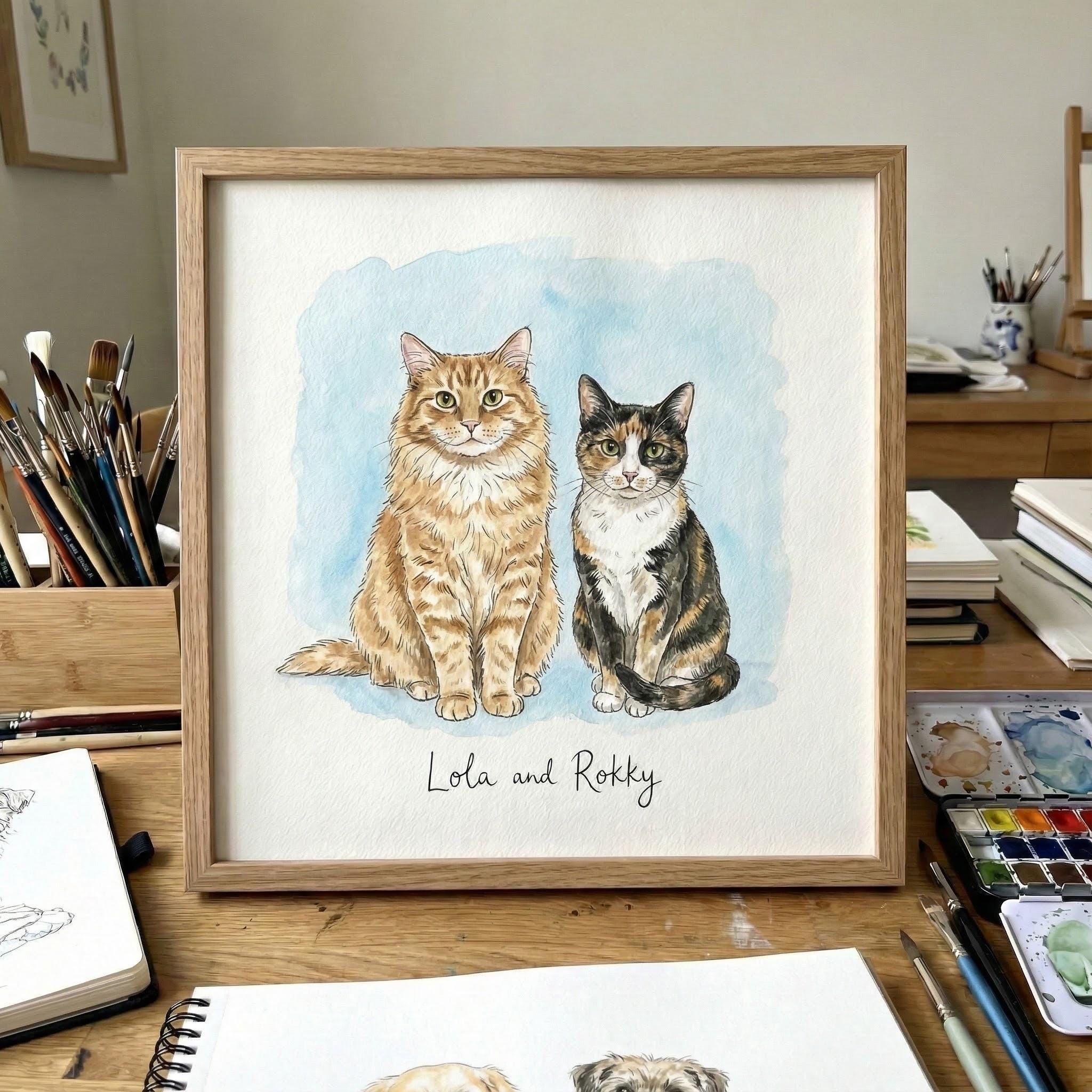 手描き水彩画ペット肖像画：カスタム猫メモリアルギフト - Etsy 日本