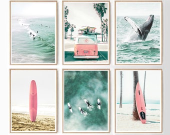 May include: Set of six coastal-themed prints featuring a pink surfboard, a vintage van with surfboards on top, a whale breaching, surfers in the ocean, an aerial view of surfers, and a pink surfboard leaning against a palm tree.