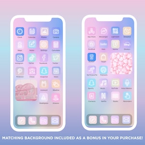 May include: A set of 60 pastel-colored iOS app icons with a glowing outline. The icons are arranged in a grid on a phone screen with a pink and blue gradient background. The icons include popular apps such as Instagram, TikTok, Facebook, Twitter, Pinterest, Chase, Snapchat, News, Instacart, Weather, Headspace, Amazon, App Store, Messenger, Lightroom, Sleepiest, Grubhub, Hulu, Venmo, Disney, Maps, Notes, Settings, Calculator, Dunkin, Target, MyFitnessPal, Podcasts, Spotify, Music, YouTube, Voice Memos, Contacts, Netflix, Books, and Reminders.