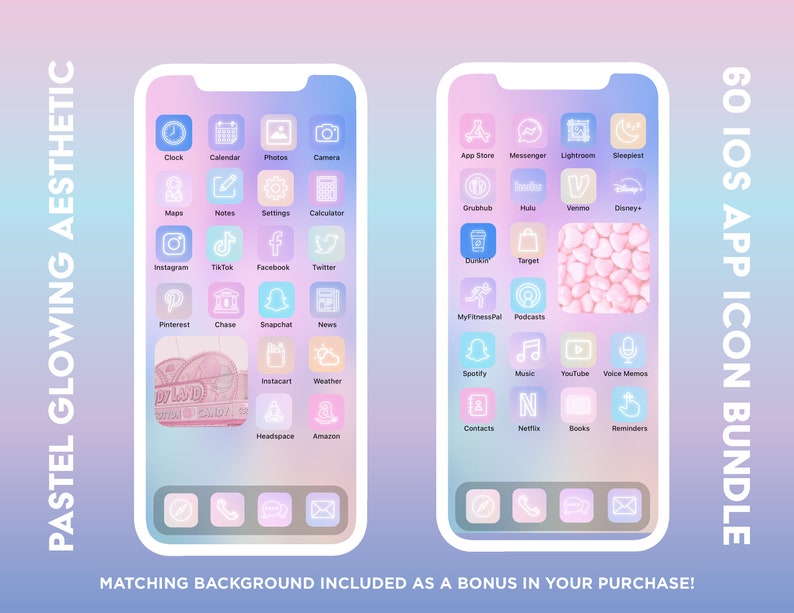May include: A set of 60 pastel-colored iOS app icons with a glowing outline. The icons are arranged in a grid on a phone screen with a pink and blue gradient background. The icons include popular apps such as Instagram, TikTok, Facebook, Twitter, Pinterest, Chase, Snapchat, News, Instacart, Weather, Headspace, Amazon, App Store, Messenger, Lightroom, Sleepiest, Grubhub, Hulu, Venmo, Disney, Maps, Notes, Settings, Calculator, Dunkin, Target, MyFitnessPal, Podcasts, Spotify, Music, YouTube, Voice Memos, Contacts, Netflix, Books, and Reminders.