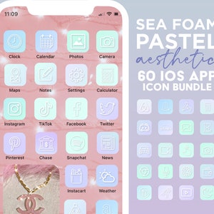 Ícones de aplicativos estéticos pastel para iPhone iOS14 | Pacote de 60 aplicativos | Capas de aplicativos verde azul pastel | Ícones roxos de aplicativos iOS 14