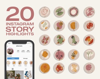 May include: Twenty Instagram story highlight icons with abstract designs in shades of brown, pink, orange, and green. The icons are circular and feature various shapes, lines, and floral elements.