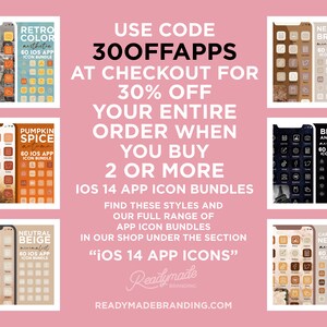 Puede incluir: Un fondo rosa con un dise&ntilde;o gr&aacute;fico para una venta de paquetes de iconos de aplicaciones iOS 14. El texto dice "Usa el c&oacute;digo 300FFAPPS en la caja para obtener un 30% de descuento en tu pedido completo cuando compres 2 o m&aacute;s paquetes de iconos de aplicaciones iOS 14. Encuentra estos estilos y nuestra gama completa de paquetes de iconos de aplicaciones en nuestra tienda en la secci&oacute;n "Iconos de aplicaciones iOS 14". Readymade Branding.com".
